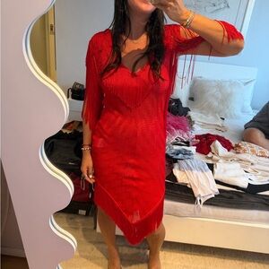 Missoni Mare Red Crochet Fringe Halter Cover-Up Dress